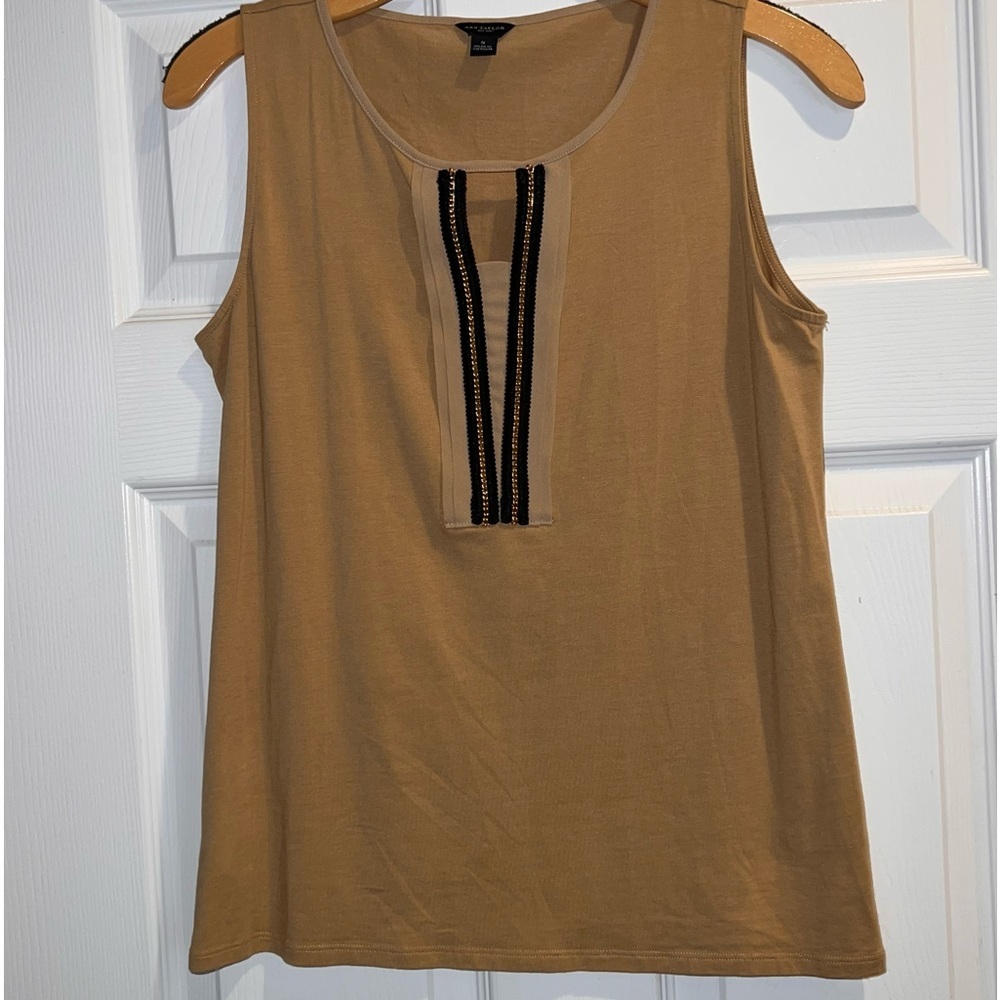 Ann Taylor Top Women’s Size Small Tan/Brown Sleeveless Black Gold Chain Trim
